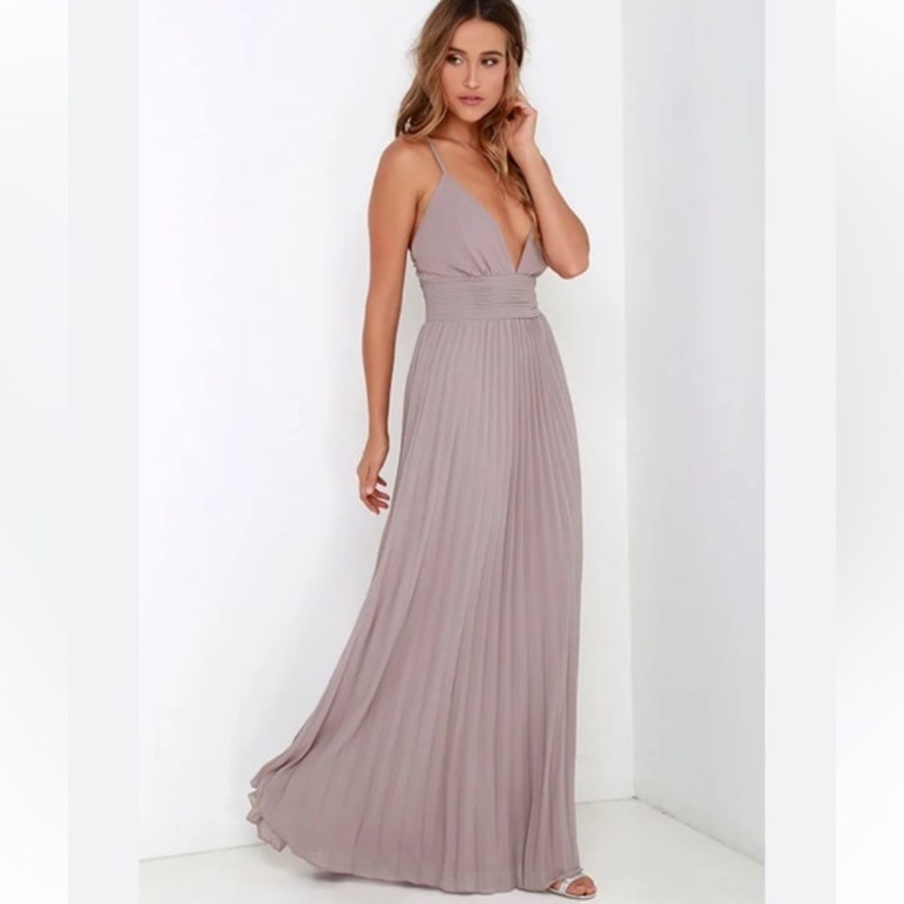 Lulus Pleated Maxi Dress Mauve Taupe V-Neck Cross Back‎ Formal Gown Small